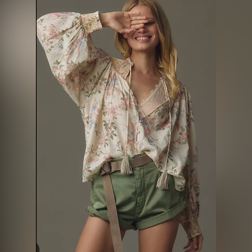 Anthropologie Floral Smocked-Cuff Peasant Blouse in Cream and Pink
